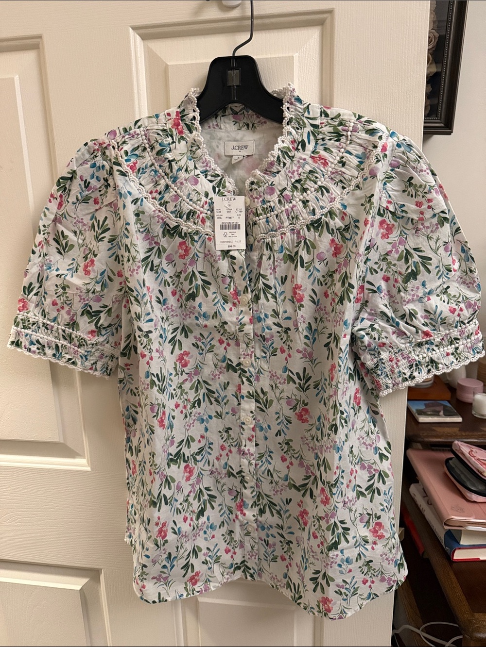 J. Crew Factory White Floral Short Puff-Sleeve Button-Front Top